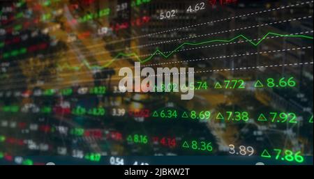 Image of financial data and graphs over cityscape Stock Photo
