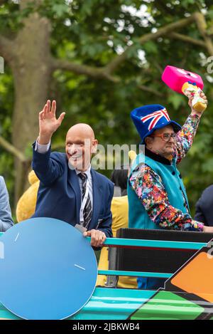Celebrities on open top bus at the Queen's Platinum Jubilee Pageant parade in The Mall, London, UK. Stock Photo