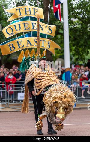 The Queen's Beasts lion costume at the Queen's Platinum Jubilee Pageant parade in The Mall, London, UK. Stock Photo