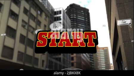 Image of start text in red letters over cityscape Stock Photo