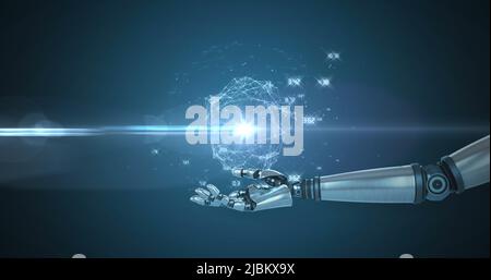 Image of network processing data over hand of robot arm, with moving light on dark background Stock Photo
