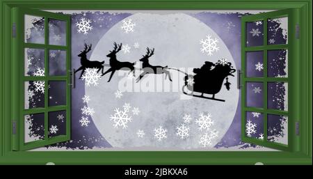 Image of snow falling over santa in sleigh at christmas Stock Photo