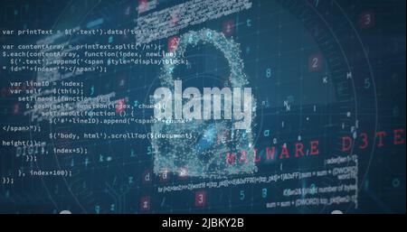 Image of security padlock over data processing on dark background Stock Photo