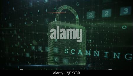 Image of security padlock over data processing on dark background Stock Photo