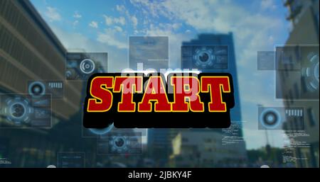 Image of start text and data processing over cityscape Stock Photo