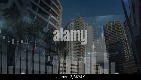 Image of statistics processing and mathematical equations over cityscape Stock Photo