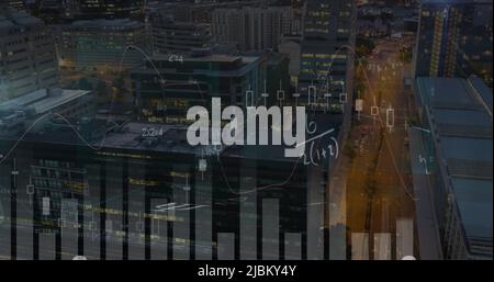 Image of statistics processing and mathematical equations over cityscape Stock Photo