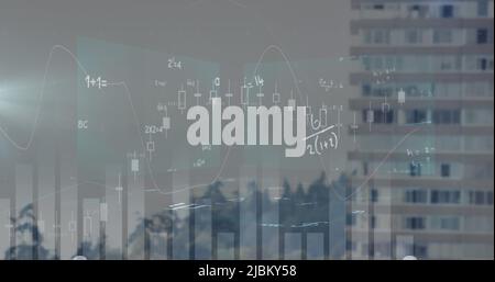 Image of statistics processing and mathematical equations over cityscape Stock Photo