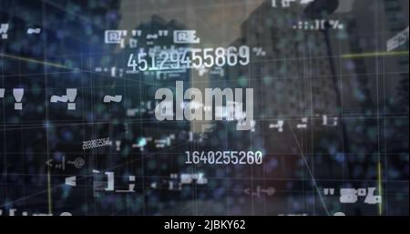 Image of data processing over cityscape Stock Photo