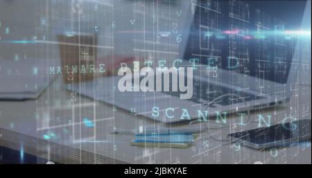 Image of cyber attack warning and data processing over laptop Stock Photo