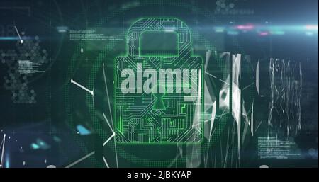 Image of digital files, online security padlock and data processing Stock Photo