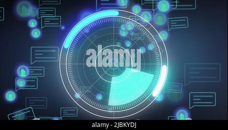 Round scanner over multiple graphs against round scanner and data processing on blue background Stock Photo