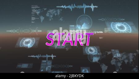 Image of start text and data processing on black background Stock Photo