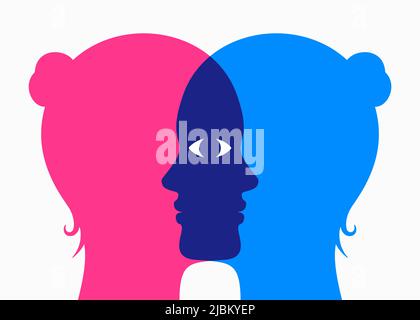 Two overlapping woman faces, looking through each other with one shared eye. Female psychology concept vector illustration. Stock Vector