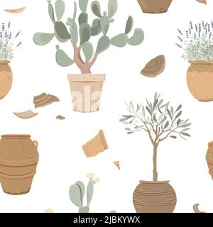 Potsherds and Mediterranean plants in old pots, seamless pattern. Lavender, prickly pear, and olive tree in clay pottery. Vector illustration. Stock Vector