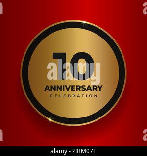 10 years anniversary celebration background. Celebrating 10th anniversary event party poster template. Vector golden circle with numbers and text on Stock Vector