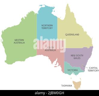Vector map of Australia with regions or territories and administrative divisions. Editable and clearly labeled layers. Stock Vector