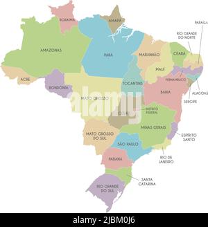 Vector map of Brazil with regions or states and administrative divisions. Editable and clearly labeled layers. Stock Vector