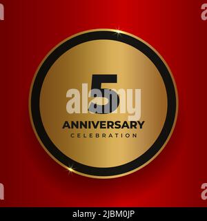 5 years anniversary celebration background. Celebrating 5th anniversary event party poster template. Vector golden circle with numbers and text on red Stock Vector