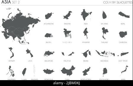 Set of 25 high detailed silhouette maps of Asian Countries and territories, and map of Asia vector illustration. Stock Vector