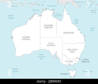 Vector map of Australia with regions and administrative divisions, and neighbouring countries and territories. Editable and clearly labeled layers. Stock Vector