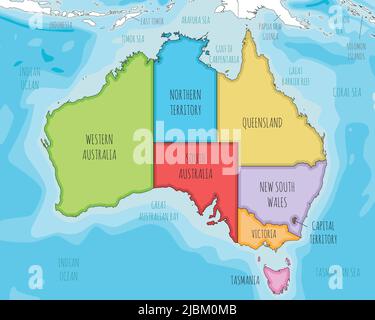 Vector illustrated map of Australia with regions and administrative divisions, and neighbouring countries and territories. Editable and clearly labele Stock Vector