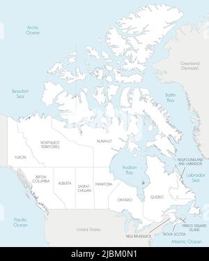 Vector map of Canada with provinces and territories and administrative divisions, and neighbouring countries and territories. Editable and clearly lab Stock Vector