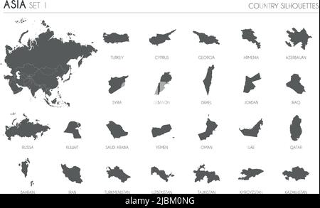 Set of 24 high detailed silhouette maps of Asian Countries and territories, and map of Asia vector illustration. Stock Vector