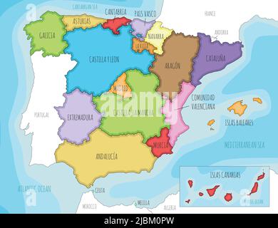 Vector illustrated map of Spain with regions and territories and administrative divisions, and neighbouring countries. Editable and clearly labeled la Stock Vector