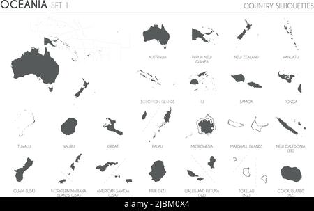 Set of 22 high detailed silhouette maps of Oceanian Countries and territories, and map of Oceania vector illustration. Stock Vector