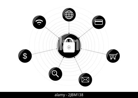 Cybersecurity data protection concept. Icons related to online data, encryption, virtual information safety, password, network protection, firewall, s Stock Vector