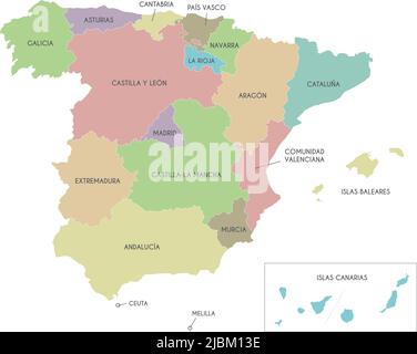 Vector map of Spain with regions and territories and administrative divisions. Editable and clearly labeled layers. Stock Vector