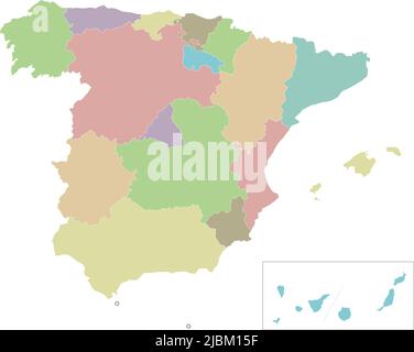 Vector blank map of Spain with regions and territories and administrative divisions. Editable and clearly labeled layers. Stock Vector