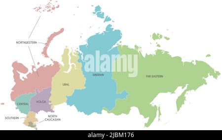Vector map of Russia with regions or or federal districts and administrative divisions. Editable and clearly labeled layers. Stock Vector