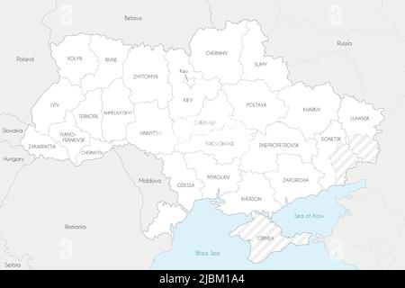 Map of Ukraine with regions, administrative divisions and territories claimed by Russia. Editable and clearly labeled layers. Stock Vector