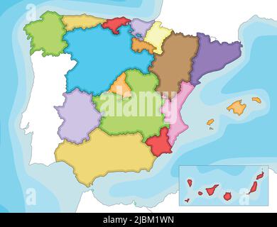 Vector illustrated blank map of Spain with regions and territories and administrative divisions, and neighbouring countries. Editable and clearly labe Stock Vector