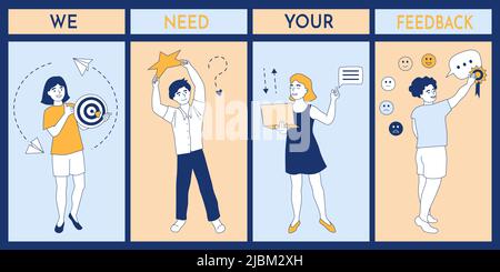 Concepts of feedback set. Men and women share opinion about product or service, quality assessment, satisfaction scale, hitting target, like, leave co Stock Vector