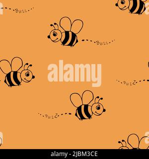 Seamless vector pattern with bees on yellow background. Simple hand drawn bumblebee wallpaper design. Decorative summer fashion textile. Stock Vector