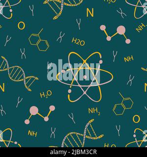 Seamless vector pattern with DNA and atom on green background. Simple chemistry wallpaper design. Decorative scientific fashion textile. Stock Vector
