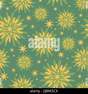 Seamless vector pattern with pastel yellow flower blooms on green background. Tie dye floral decorative wallpaper design. Stock Vector