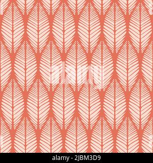 Seamless vector pattern with leaf texture on red background. Beautiful floral mosaic wallpaper design. Decorative grid fashion textile. Stock Vector
