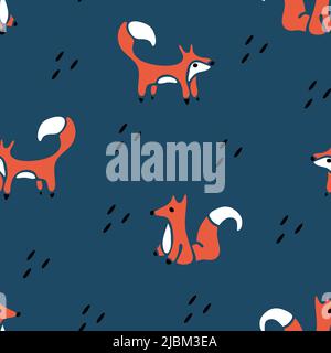 Simple seamless vector pattern with fox on blue background. Animal repeat wallpaper design for children. Hand drawn animal fashion textile. Stock Vector