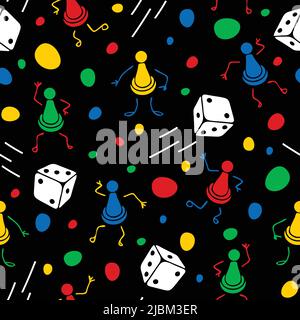 Seamless vector pattern with dice and game piece on black background. Fun cartoon leisure wallpaper design with dots. Stock Vector