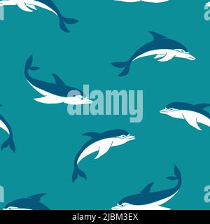 Seamless vector pattern with hand drawn dolphins on teal blue background. Simple summer fish wallpaper design. Decorative underwater fashion textile. Stock Vector