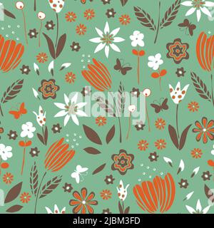 Seamless vector pattern with dream garden on green background. Romantic flower meadow wallpaper design. Decorative vintage floral fashion textile. Stock Vector