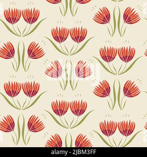 Seamless vector pattern with red flowers on pink background. Simple floral wallpaper design with abstract lily's. Gentle peony fashion textile. Stock Vector