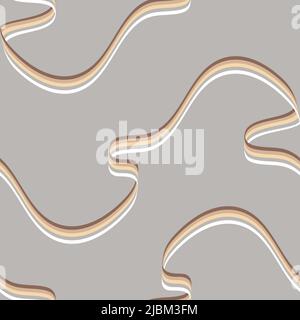 Seamless vector pattern with flowing ribbon on grey background. Simple colour gradient rainbow wallpaper design. Decorative wave fashion textile. Stock Vector