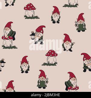 Seamless vector pattern with gnomes on off white background. Simple hand drawn elf wallpaper design. Decorative cartoon fashion textile. Stock Vector