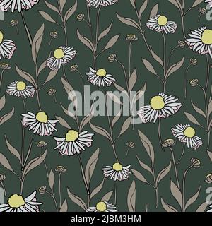 Seamless vector pattern with daisy flowers on green background. Vintage floral wallpaper design with chamomile. Stock Vector