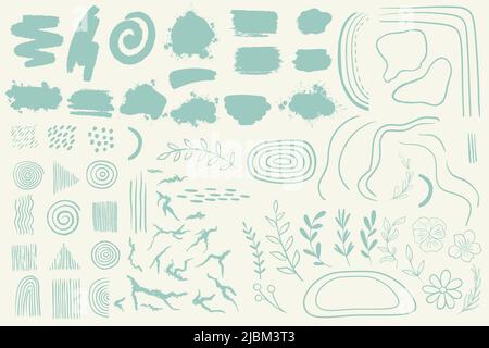 Big set abstract elements for creating posters, templates, cards, backgrounds and more. Trendy simple spots, twigs, flowers, lines and circles for hig Stock Vector